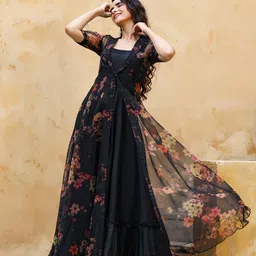 GILLORI Shoulder Straps Gathered Maxi Dress With Printed Shrug-image-39