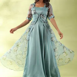 GILLORI Shoulder Straps Silk Cotton A-Line Maxi Dress With Jacket-image-44