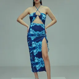 TANDUL Abstract Printed Halter Neck Cut-Outs Maxi Sheath Dress-image-7