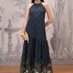 Vishudh Navy Blue Floral Print Tie-Up Neck Gathered Maxi Dress-image-72