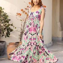 Ambraee Floral Printed Flounce Round Neck Maxi Dress-picture-5