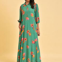 W Green Floral Printed Shirt Collar Maxi Dress-image-41