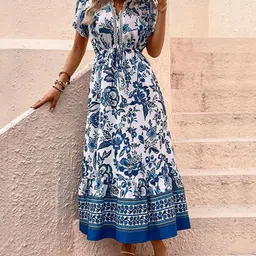StyleCast White Ethnic Motifs Printed Maxi Fit & Flare Dress-image-49