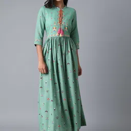 W Women Sea Green Printed Viscose Rayon Maxi Dress-picture-30