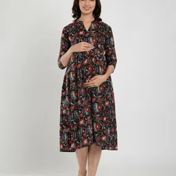 CRAFIQA Floral Maternity Shirt Midi Pure Cotton Dress-image-18