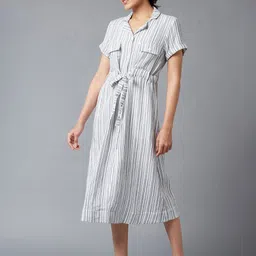 W Blue Striped Shirt Midi Dress-image-56