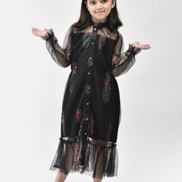 Eavan Girls Floral Print Puff Sleeve Net Shirt Midi Dress-image-71