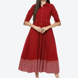 Rangriti Maroon Geometric Printed Shirt Midi Dress-image-28