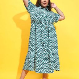 Oxolloxo Plus Size Printed Shirt Midi Dress-image-25