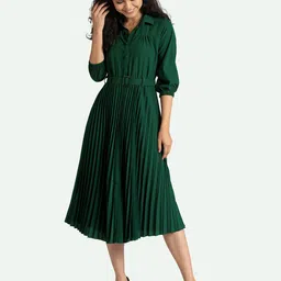 AASK Green Crepe Shirt Midi Dress With Waist Belt-picture-23