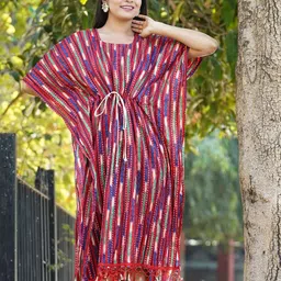 Kesarya Ethnic Motifs Printed Kimono Sleeves Kaftan Dress-image-24