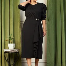 CURVE BY KASSUALLY Black Ruched Sleeves Ruffled Sheath Midi Dress-image-40