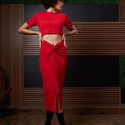 Athena Red Round Neck Short Sleeves Cut-Outs Sheath Midi Dress-image-73