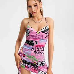 TANDUL Typography Printed Shoulder Straps Ruched Bodycon Mini Dress-image-97