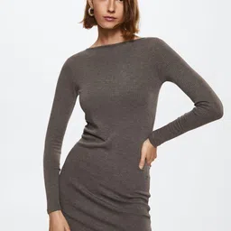 MANGO Taupe Solid Bodycon Mini Dress-image-12