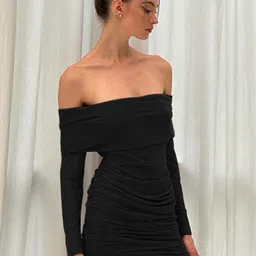 StyleCast Black Off-Shoulder Gathered Detail Bodycon Mini Dress-picture-31
