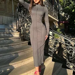 StyleCast Grey High Neck Bodycon Maxi Dress-image-50