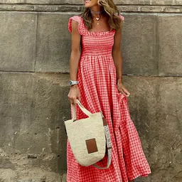StyleCast Red Checked Square Neck Flutter Sleeve Smocked Maxi Dress-picture-13