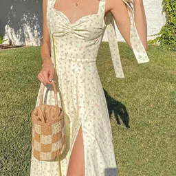 StyleCast Yellow Floral Printed Shoulder Strap Fit & Flare Dress-12