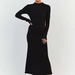 StyleCast Black Striped Round Neck Long Sleeves Maxi Sheath Dress-image-0