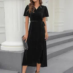StyleCast Black V-Neck Flared Sleeves Wrap Midi Dress-image-17