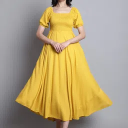 Aawari Smocked Detailed Square Neck Puff Sleeves A-Line Midi Dress-image-96