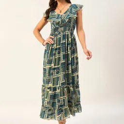 DRAPE AND DAZZLE Geometric Print V-Neck Flutter Sleeve Maxi Dress-image-52