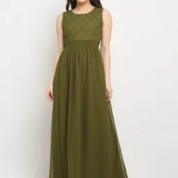 La Zoire Olive Green Georgette Lace Yoke Maxi Dress-picture-48