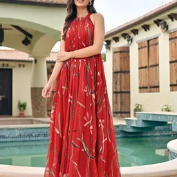 Ziva Fashion Floral Printed Choker Neck Sleeveless Georgette Maxi Dress-image-41