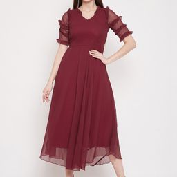 HELLO DESIGN Maroon Georgette Midi Dress-image-97