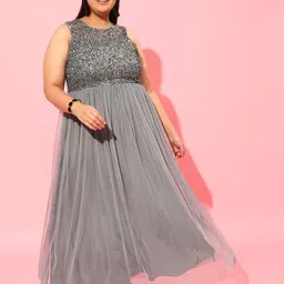 CURVY STREET Grey Plus Size Embellished Net Maxi Dress-picture-23