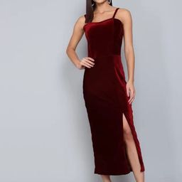 VAARARO Maroon Velvet Sheath Maxi Dress-image-78