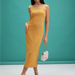 Tokyo Talkies Yellow Round Neck Sheath Midi Dress-image-16