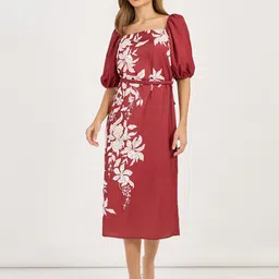 Styli Women Floral Print Square Neck Puff Sleeves Sheath Midi Dress-image-89