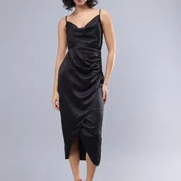 ANVI Be Yourself Cowl Neck Shoulder Straps Satin Sheath Midi Dress-image-90