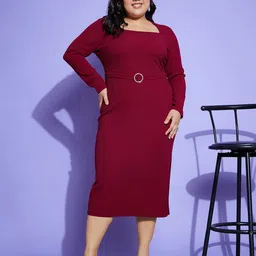 SASSAFRAS Curve Plus Size Square Neck Belted Sheath Midi Dress-67