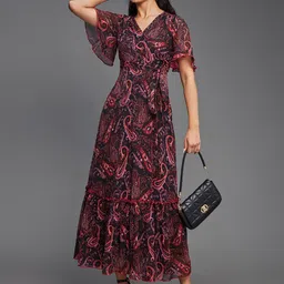 Miss Chase Paisley Print V-Neck Flared Sleeve Tie Ups Chiffon Fit & Flare Midi Dress-picture-7