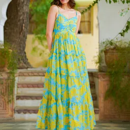 Ambraee Floral Printed Sweetheart Neck Fit and Flare Maxi Dress-29