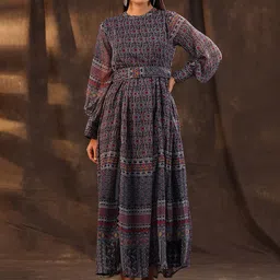 Juniper Navy Blue & Red Printed Chiffon Maxi Dress-image-53