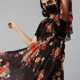 SHOWOFF Black Floral Chiffon Midi Dress-picture-23