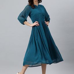 Janasya Women Teal Poly Chiffon Self Design Flared Dress-13