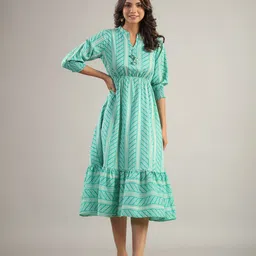 JISORA Striped Cuffed Sleeves Cotton Fit & Flare Midi Dress-picture-16