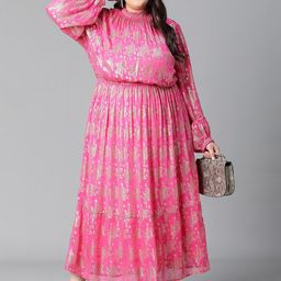 Oxolloxo Plus Size Floral Printed Puff Sleeves Fit and Flare Maxi Dress-picture-31