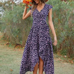 StyleCast Navy Blue Floral Printed V-Neck Flutter Sleeve Wrap Dress-image-15