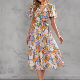 StyleCast Floral Printed Flutter Sleeves Wrap Midi Dress-image-40