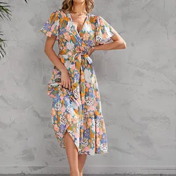 StyleCast x Revolte V Neck Floral Print Flutter Sleeve Midi Wrap Dress-picture-5