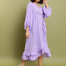 Tokyo Talkies Self Design Puff Sleeve Gathered Or Pleated Midi Dress-image-46