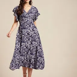 Moomaya Floral Print Flared Sleeve Midi Dress-picture-16