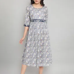 AURELIA Grey Floral Printed Midi Pure Cotton Dress-image-24