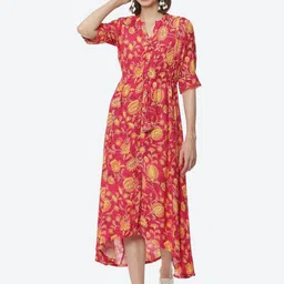 Rangriti Women Pink & Mustard Yellow Floral Midi Dress-image-67